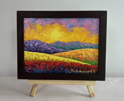 Oil painting The blazing sky above the peaks by V. Zadorozhnya in black frame