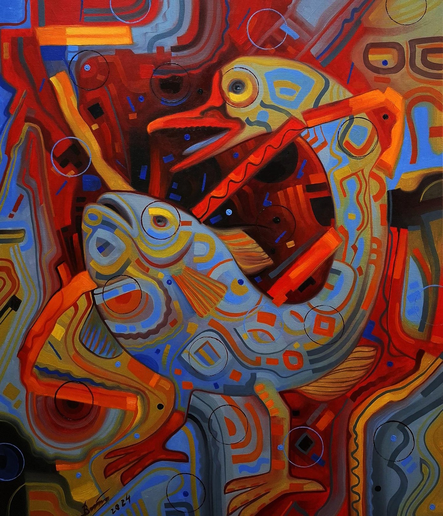 Vibrant abstract oil painting The fish goes for a walk by Sergiy Voichenko with patterned frogs
