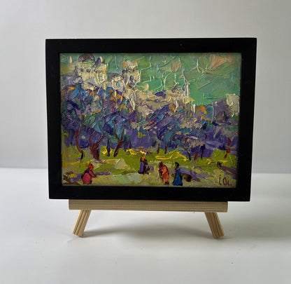 Oil painting Morning in the city park by Oleksiy Ivanyuk in black frame