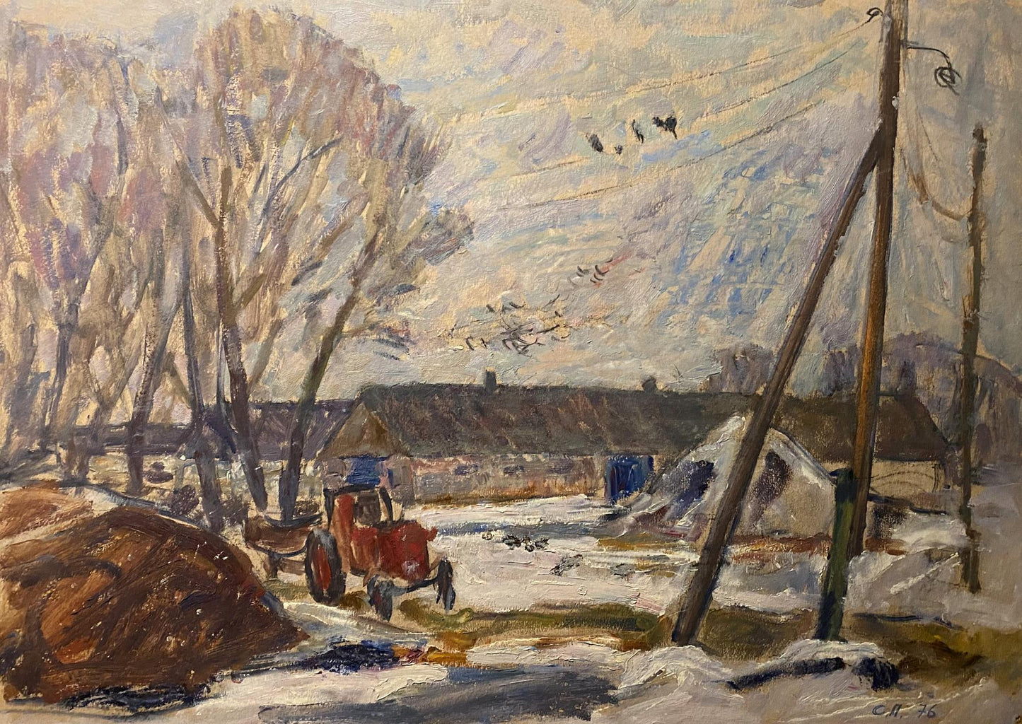 Oil painting of red tractor in snowy farmyard by Stanislav Petrashevsky