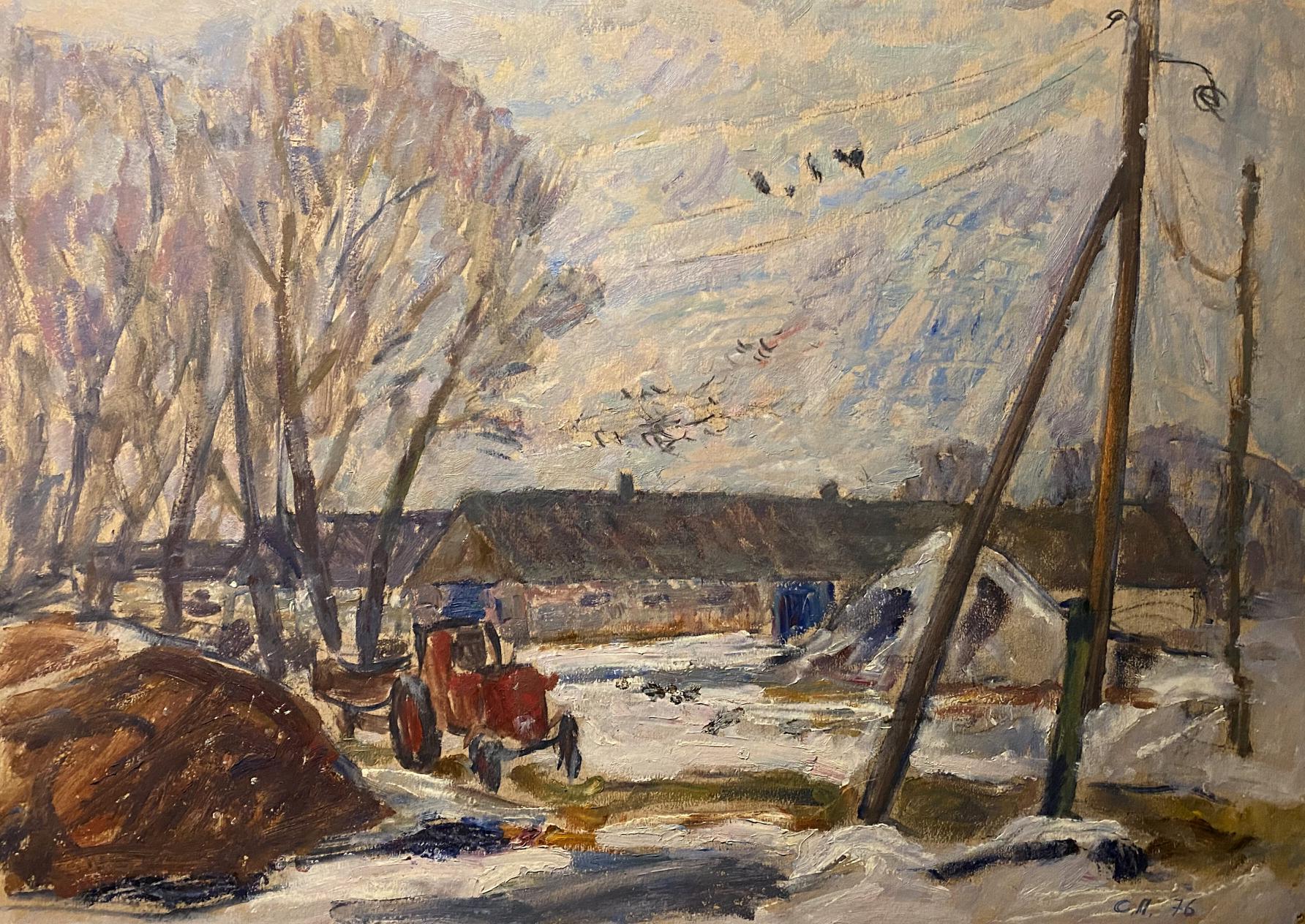 Oil painting of red tractor in snowy farmyard by Stanislav Petrashevsky