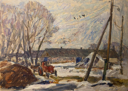 Oil painting of red tractor in snowy farmyard by Stanislav Petrashevsky
