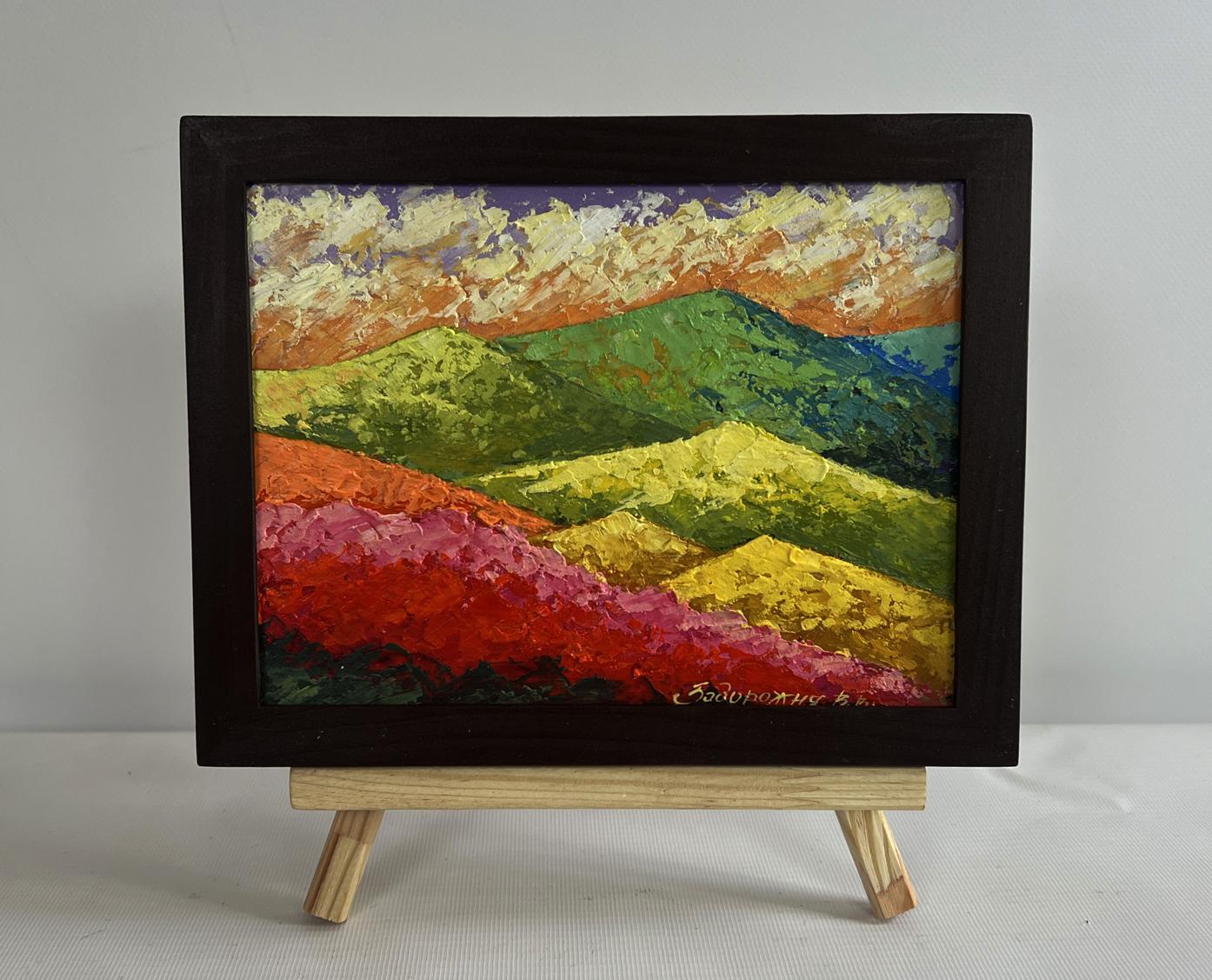 Oil painting Sunset on the top of the mountain by V. Zadorozhnya in dark frame