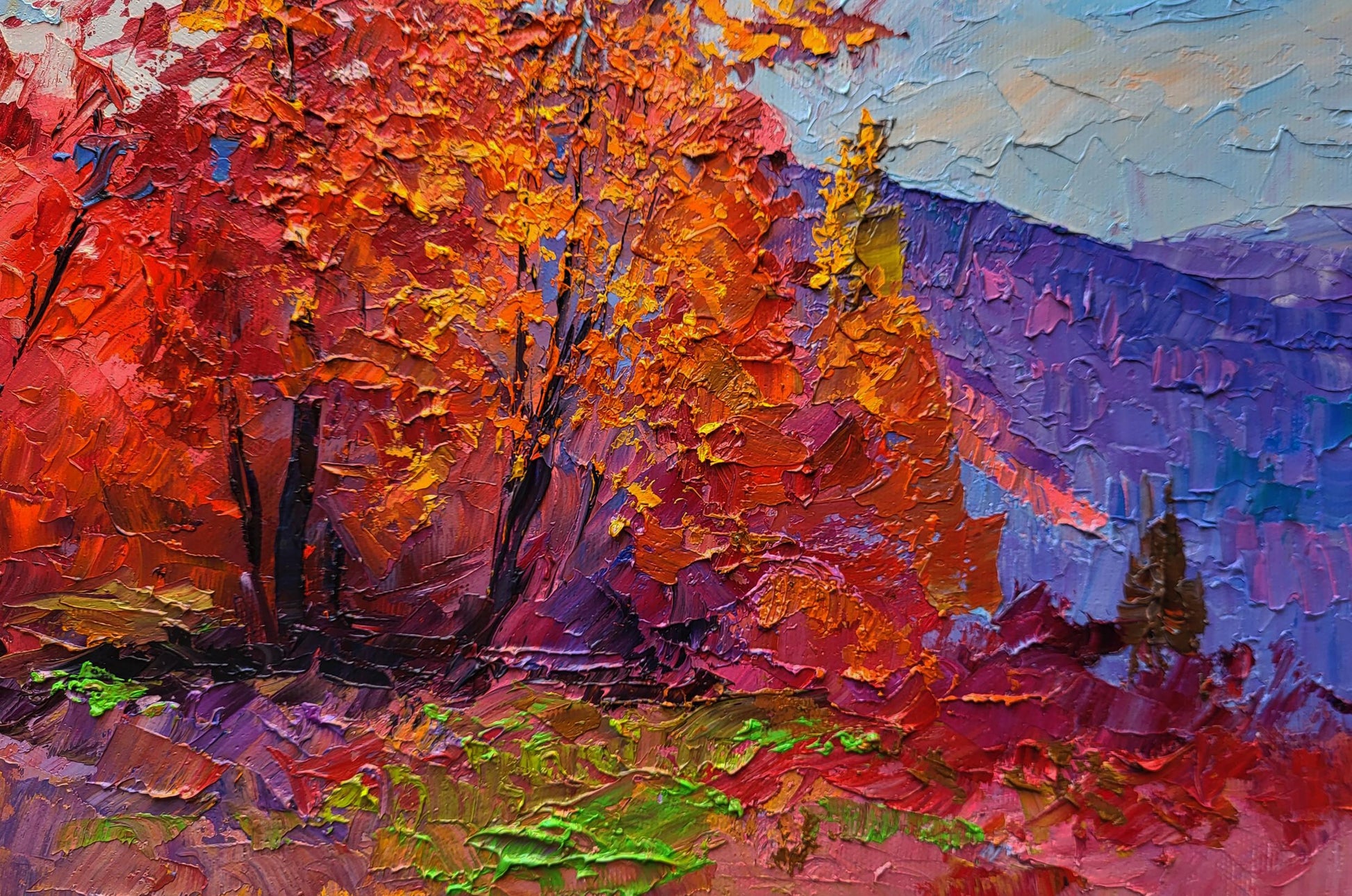 Vibrant impressionist oil painting Autumn is crimson by Boris Serdyuk
