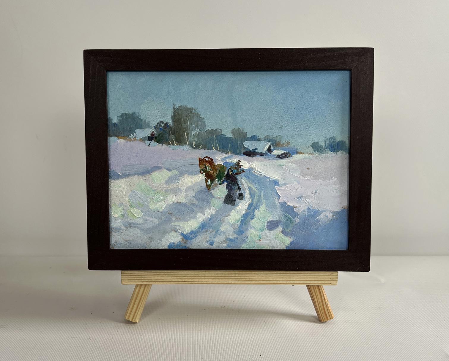 Oil painting Winter journey with horse by Yuriy Suprunchuk on easel