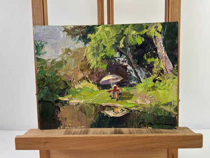 Vibrant impressionist oil painting by Boris Serdyuk: lush foliage, figure with umbrella
