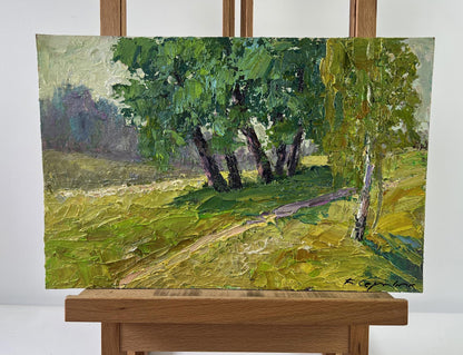 Vibrant impressionist oil painting In the Sunlight by Boris Serdyuk, sunlit forest path