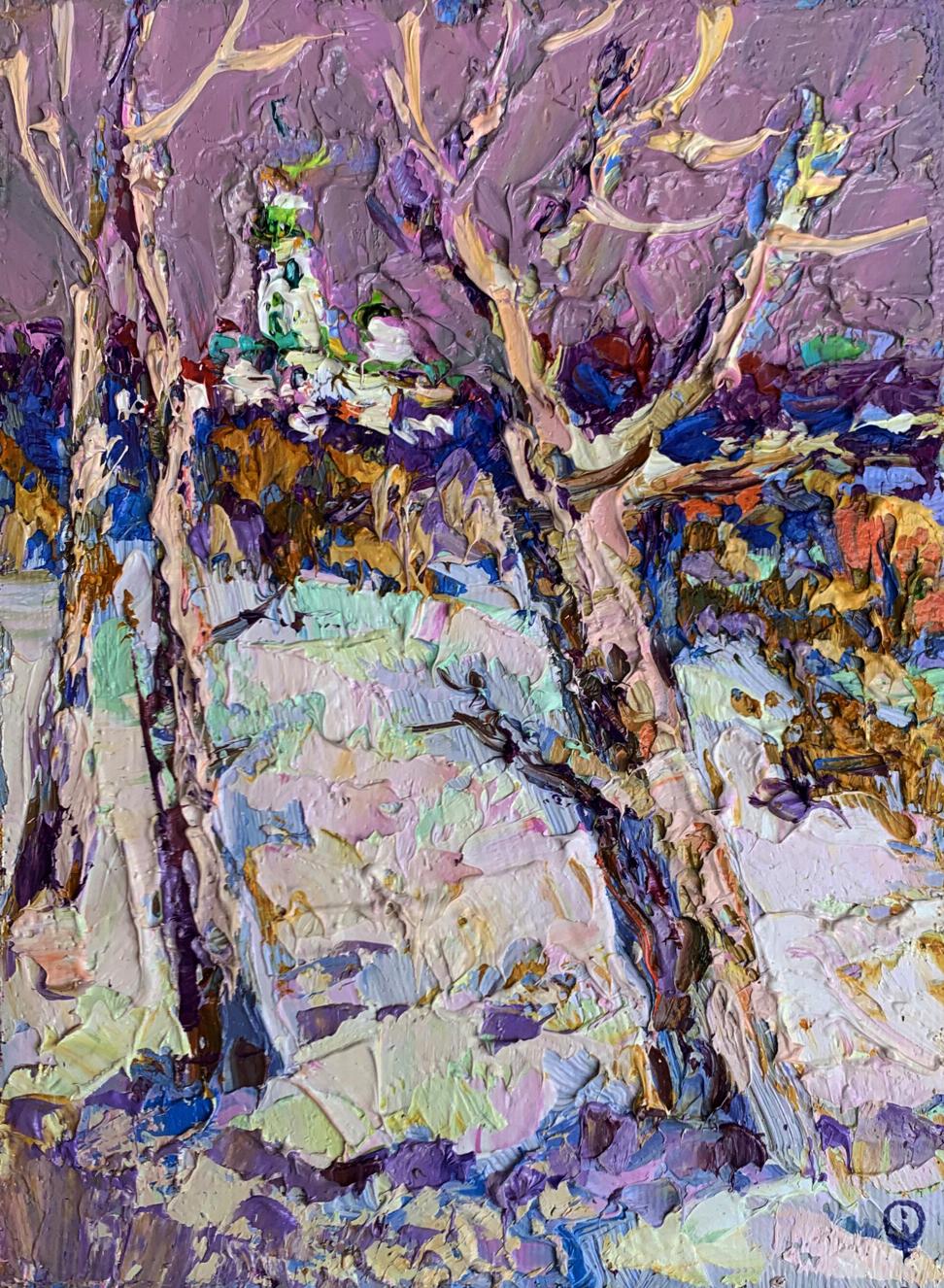 Oil painting The first snow fell by Oksana Ivanyuk with bare trees in purple pink impasto