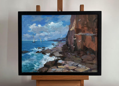 Oil painting Sailing towards a dream by Yuriy Suprunchuk, coastal sailboats scene