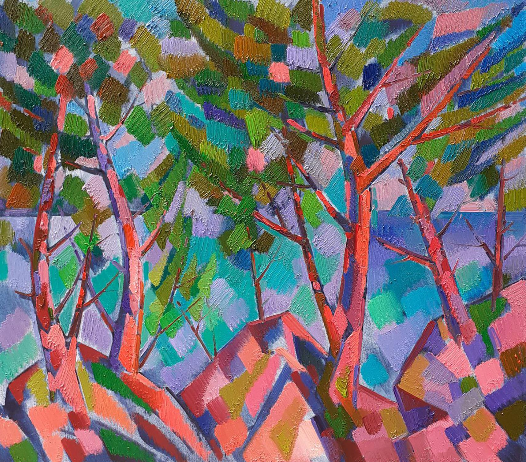 Vibrant oil painting of stylized trees among rocks by Peter Dobrev