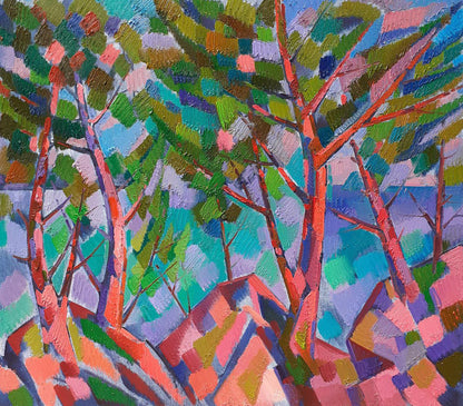 Vibrant oil painting of stylized trees among rocks by Peter Dobrev