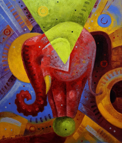 Vibrant In the Arena oil painting by Sergiy Voichenko: red elephant abstraction