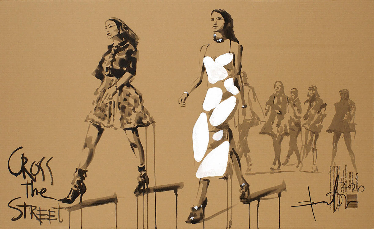 Stylized woman in white cut-out dress walking on stilts by Dima Filatov