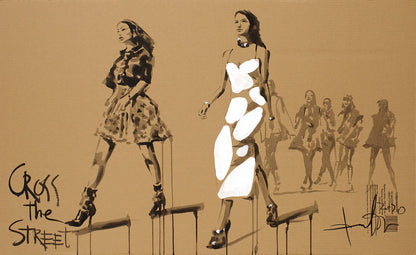 Stylized woman in white cut-out dress walking on stilts by Dima Filatov