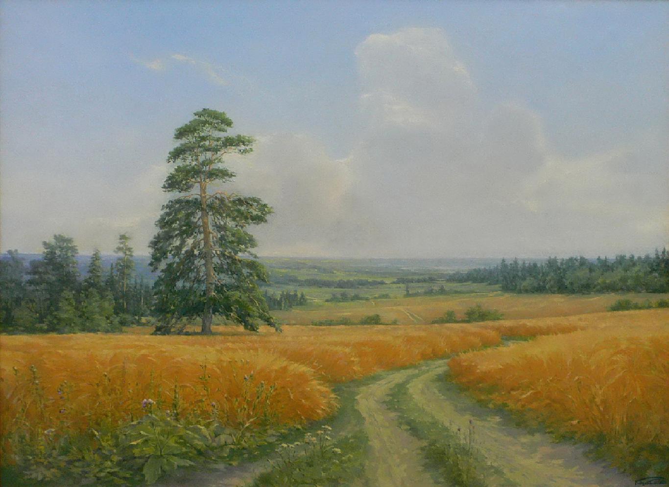 Oil painting of tall pine in golden wheat field by Vasily Korkishko