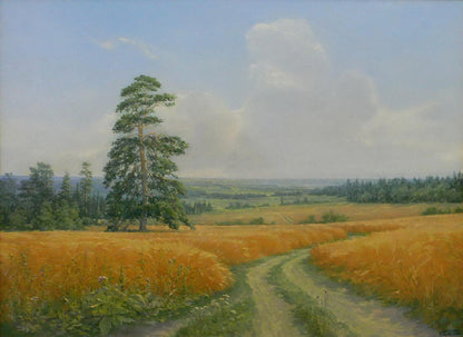 Oil painting of tall pine in golden wheat field by Vasily Korkishko