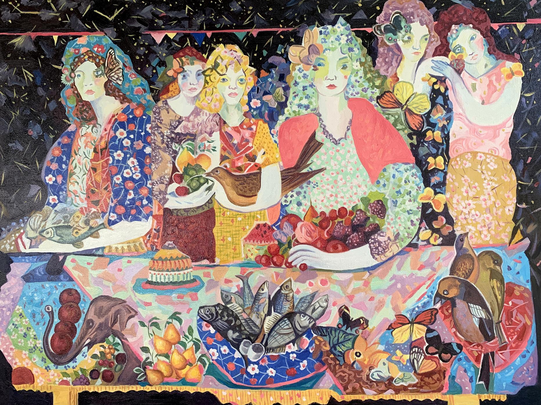 Oil painting Girls at the Table by V. Konotopsky, Maria Berrio style