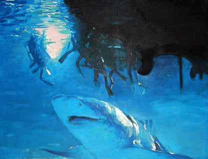 Oil painting We didnt wait by Ed Potapenkov: sleek grayish-blue shark gliding
