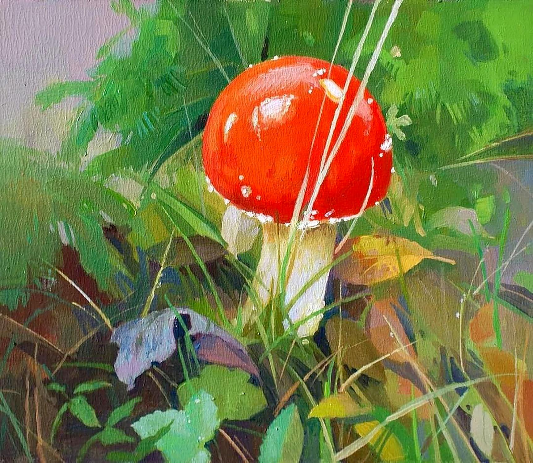 Vibrant red mountain mushroom oil painting by Anastasia Yaroshevich