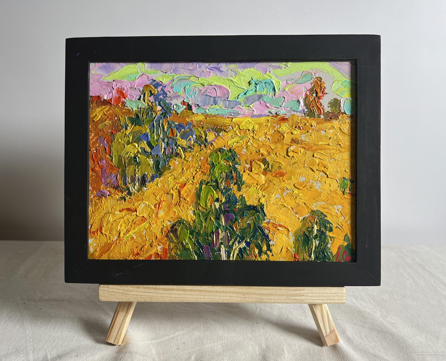 Oil painting Golden field among trees by Oleksiy Ivanyuk in black frame