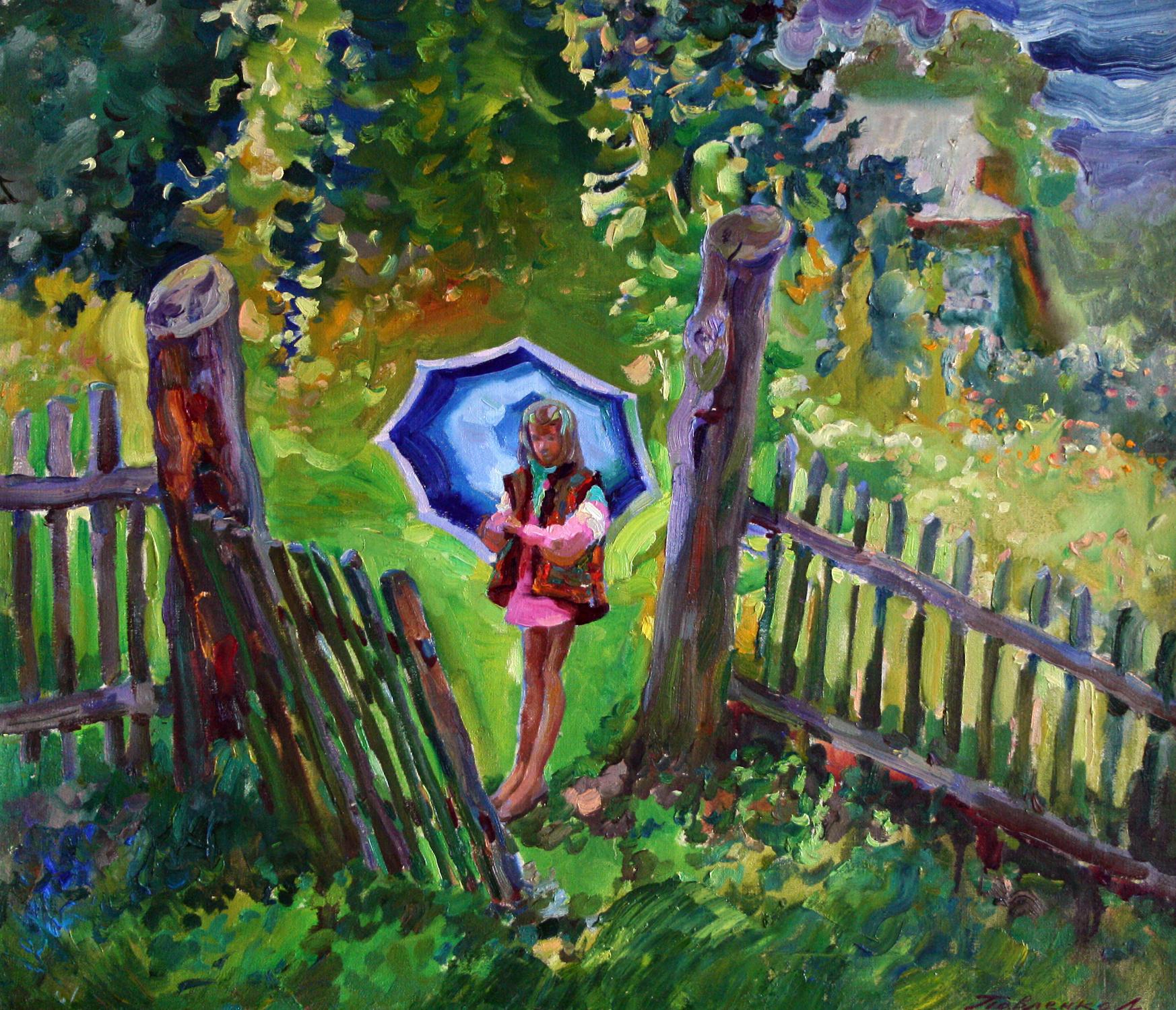 Child with blue umbrella oil painting Summer rain by Leonid Pavlenko
