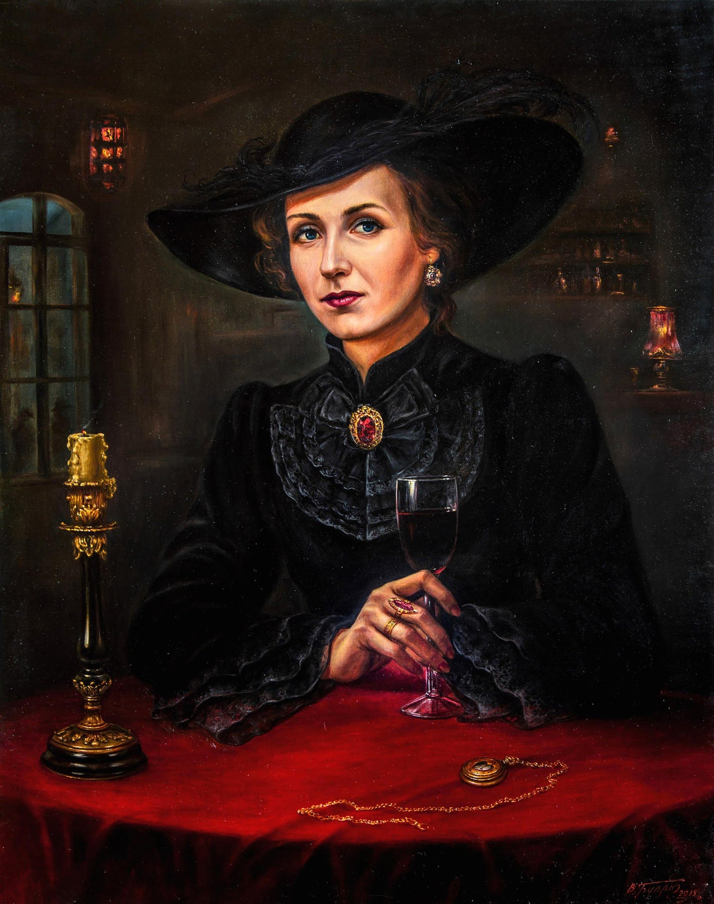 Oil painting of woman in black velvet lace dress and hat holding wine glass by Valeriy Bulat