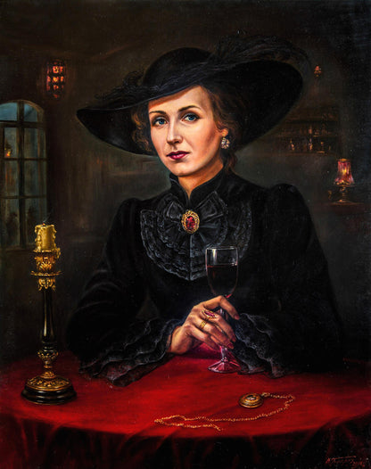 Oil painting of woman in black velvet lace dress and hat holding wine glass by Valeriy Bulat