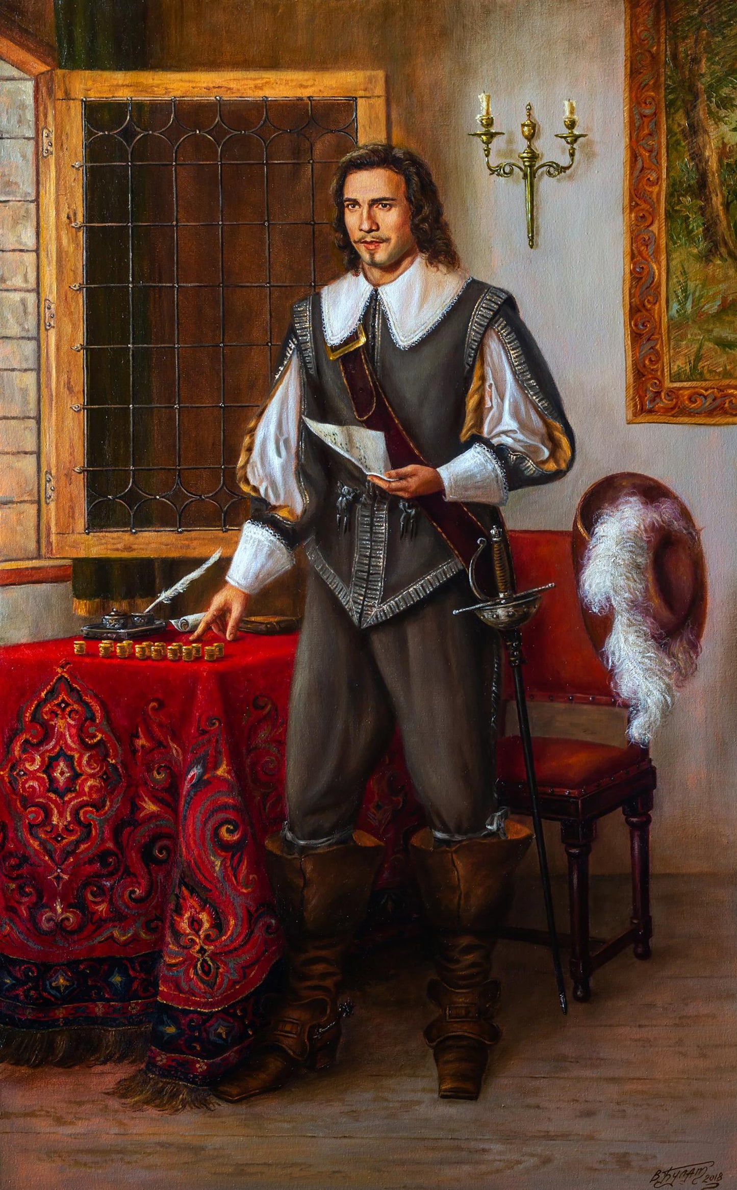 Oil painting of Aramis in gray doublet with gold trim by Valeriy Bulat