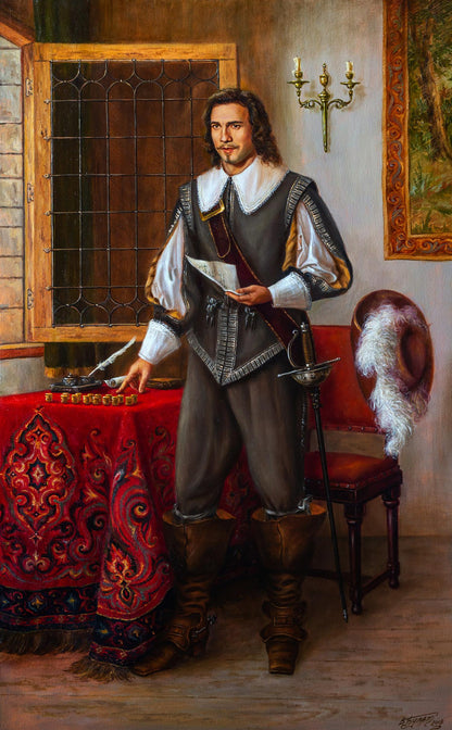 Oil painting of Aramis in gray doublet with gold trim by Valeriy Bulat