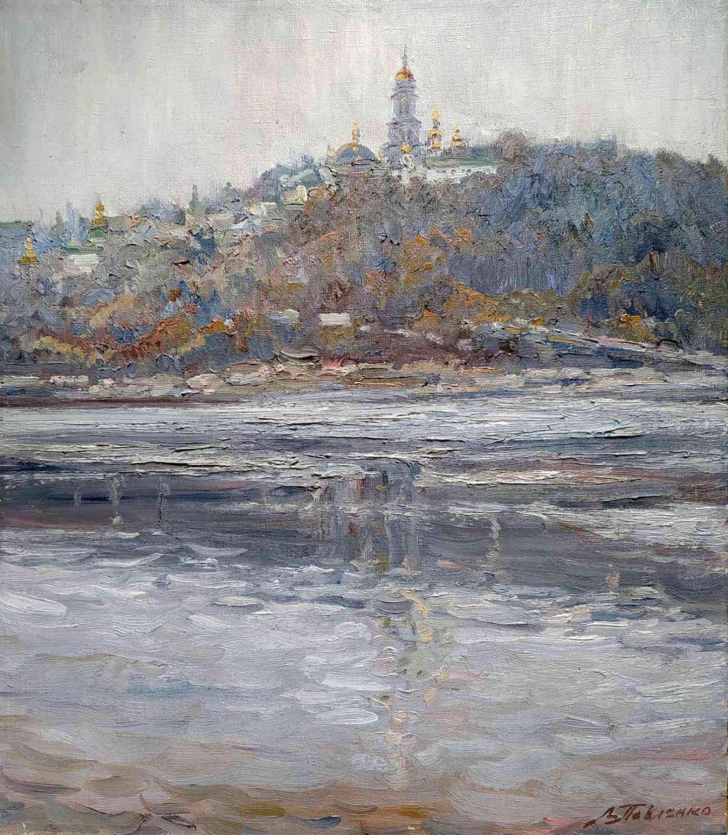 Oil painting View of the Church by Leonid Pavlenko serene hillside scene