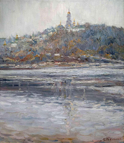 Oil painting View of the Church by Leonid Pavlenko serene hillside scene