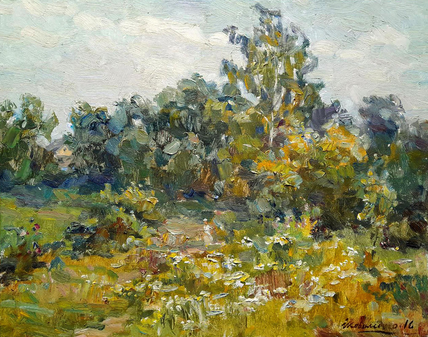 Vibrant Oi painting Summer calm by Ivan Kovalenko: sunlit meadow with wildflowers