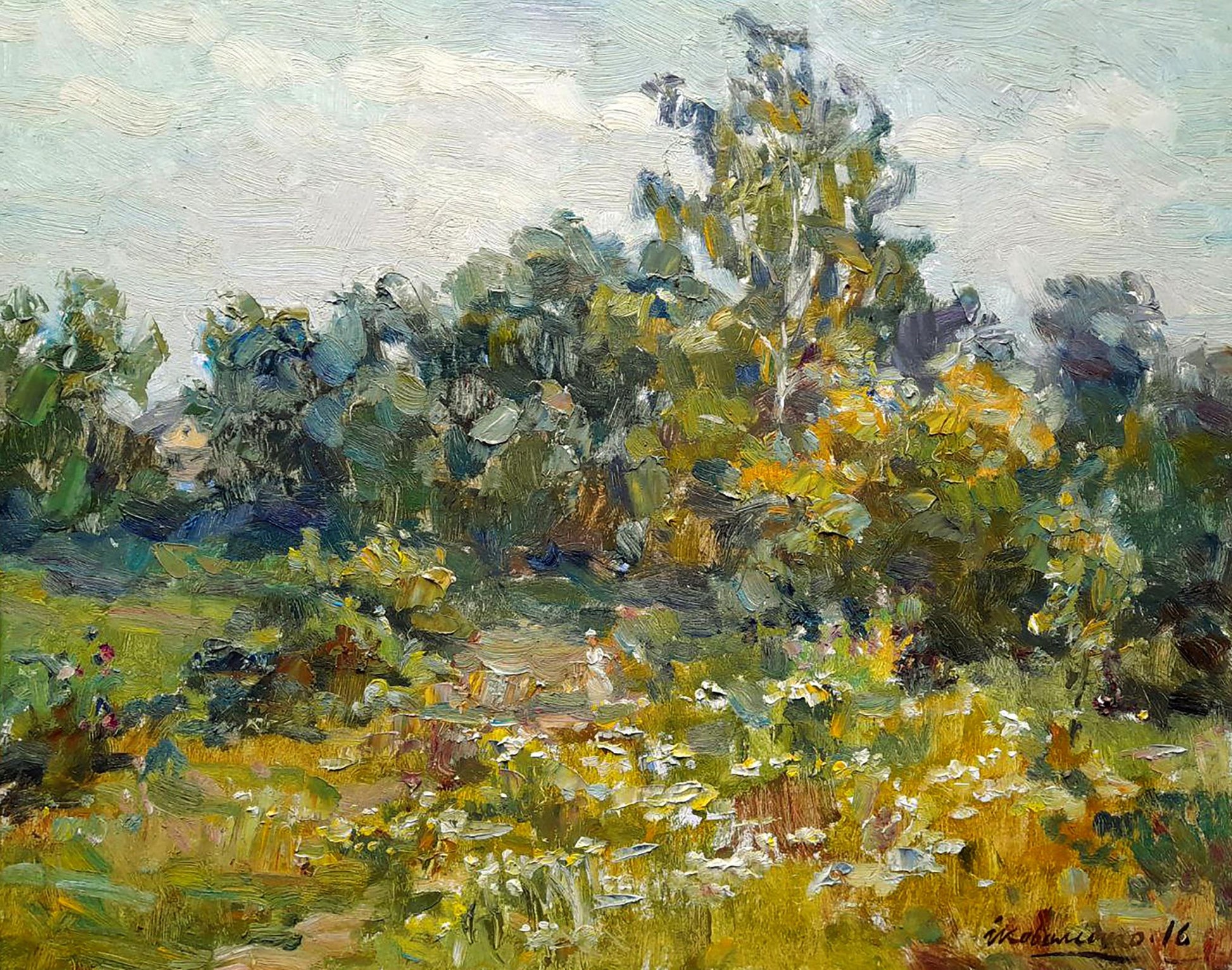 Vibrant Oi painting Summer calm by Ivan Kovalenko: sunlit meadow with wildflowers