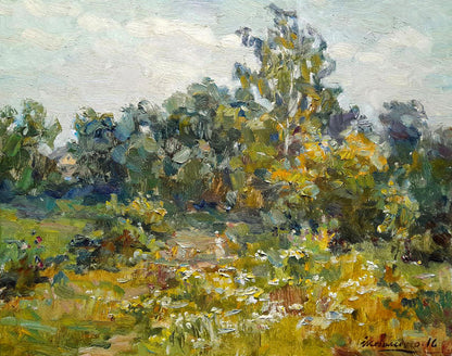 Vibrant Oi painting Summer calm by Ivan Kovalenko: sunlit meadow with wildflowers