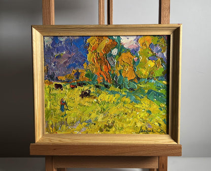 Oil painting of autumn meadows with breeze by Oleksiy Ivanyuk in wood frame