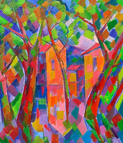 Vibrant oil painting Houses through the trees by Peter Dobrev