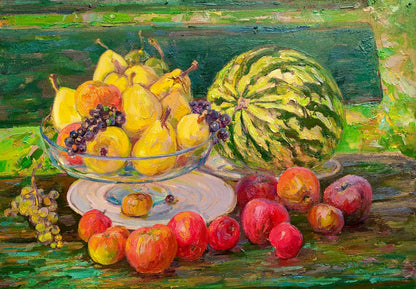 Oil painting Riches of August by Leonid Pavlenko: green watermelon, pears, grapes