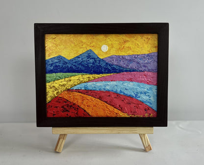 Oil painting Yellow sunset over the mountain by V. Zadorozhnya in black frame