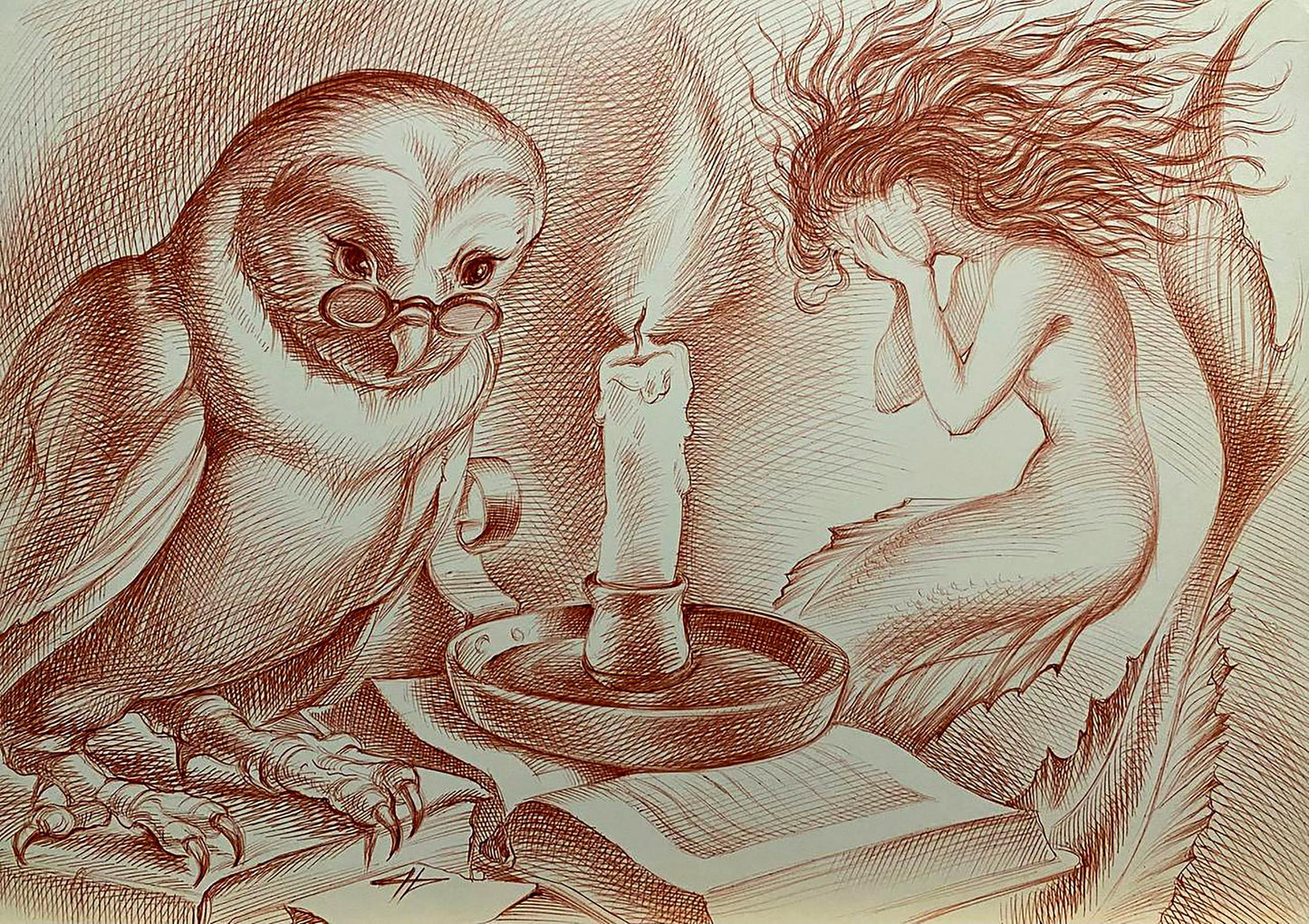Pen painting Reading Wisdom Natalia Bulat: owl in spectacles by candle sketch