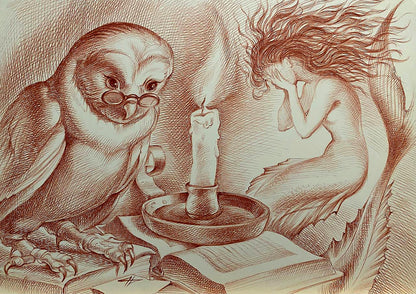 Pen painting Reading Wisdom Natalia Bulat: owl in spectacles by candle sketch