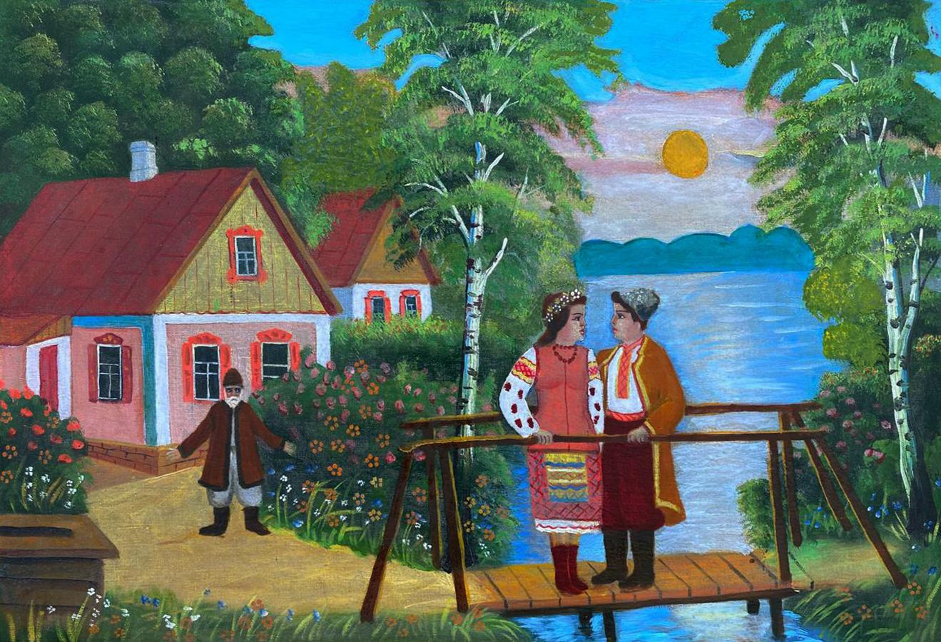 Oil painting of young couple on rustic wooden bridge over river