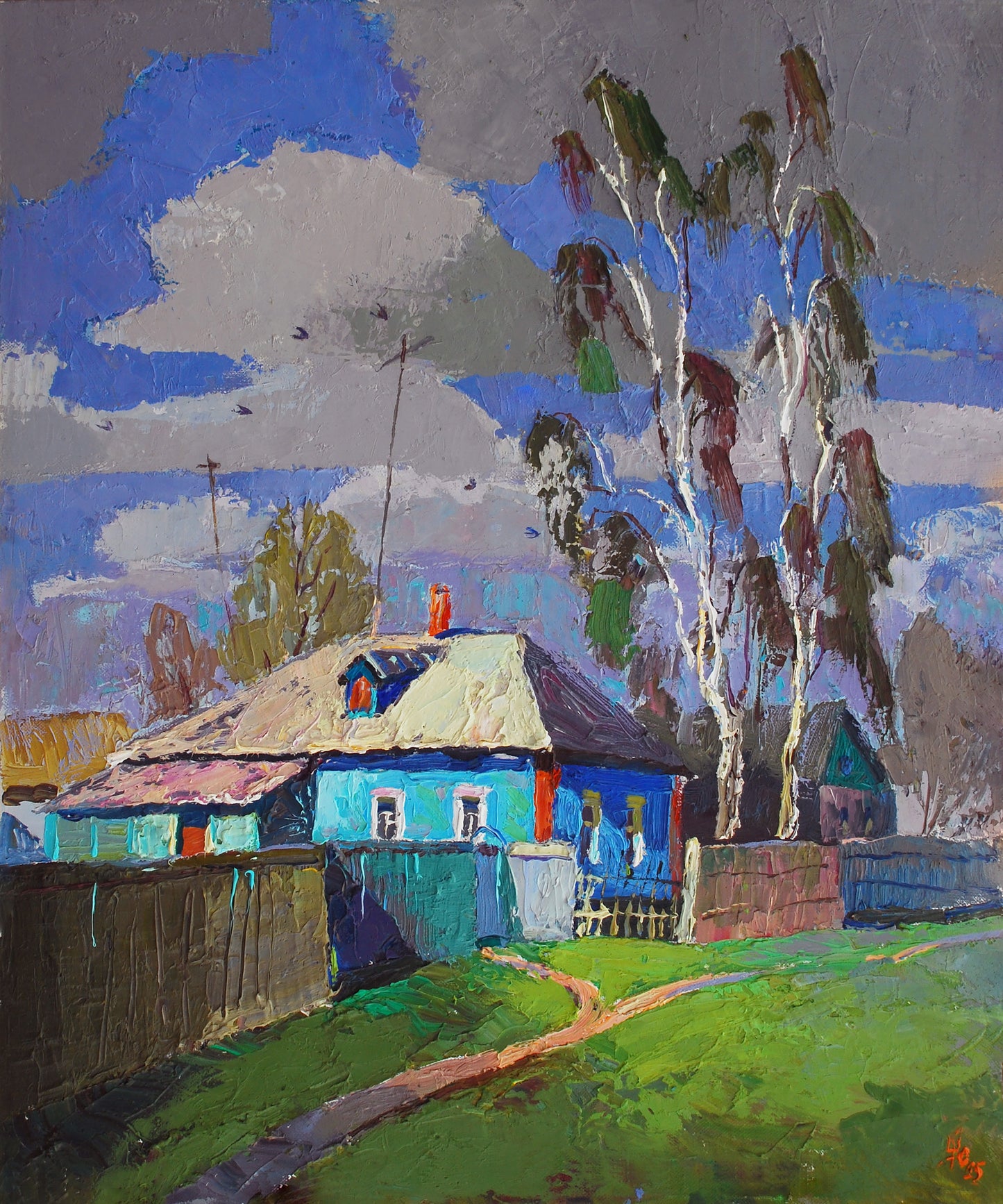 Oil painting of vibrant blue house by birch trees, Spring in Divination by Egor Shvachunov
