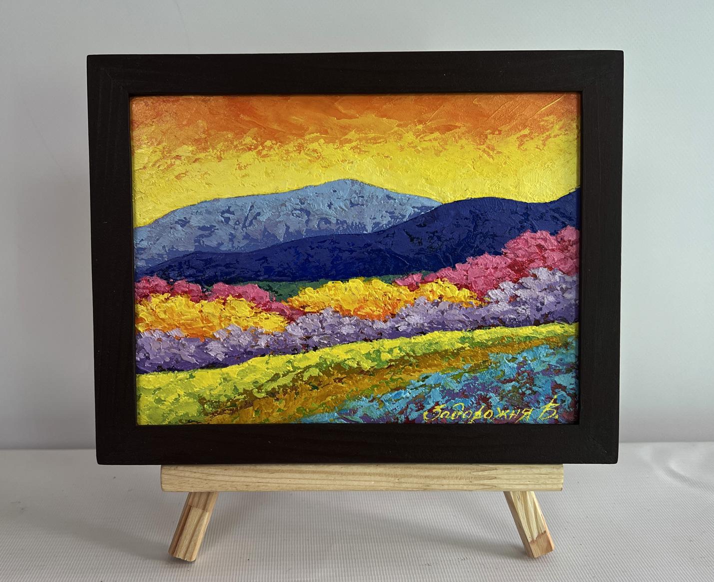 Oil painting Fiery sunset over the mountain by V. Zadorozhnya in black frame