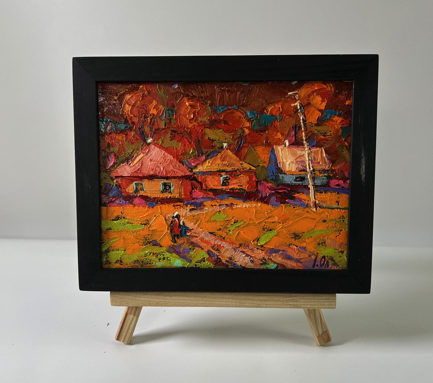 Oil painting Autumn village sunset by Oleksiy Ivanyuk in black frame