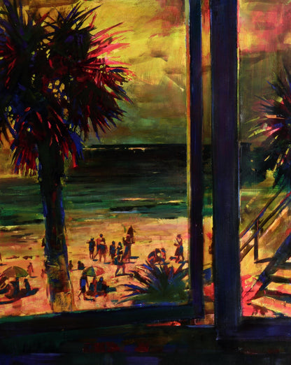 Vibrant oil painting of beach through window by Ed Potapenkov