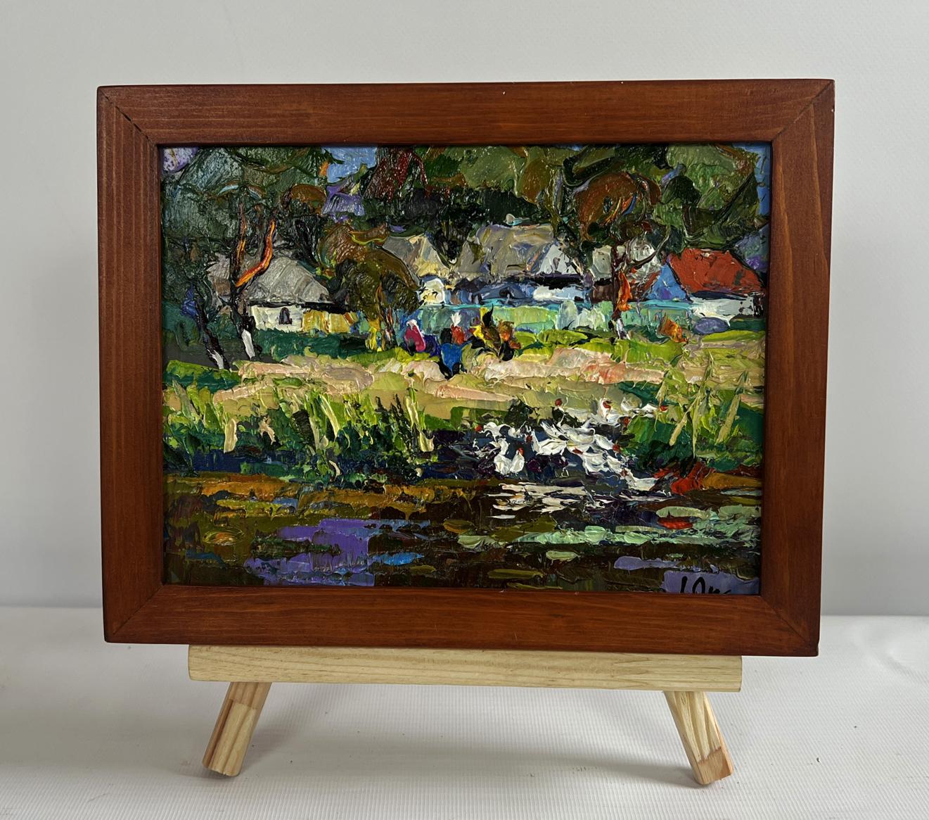 Oil painting by Oksana Ivanyuk of ducks swimming in vibrant village river scene