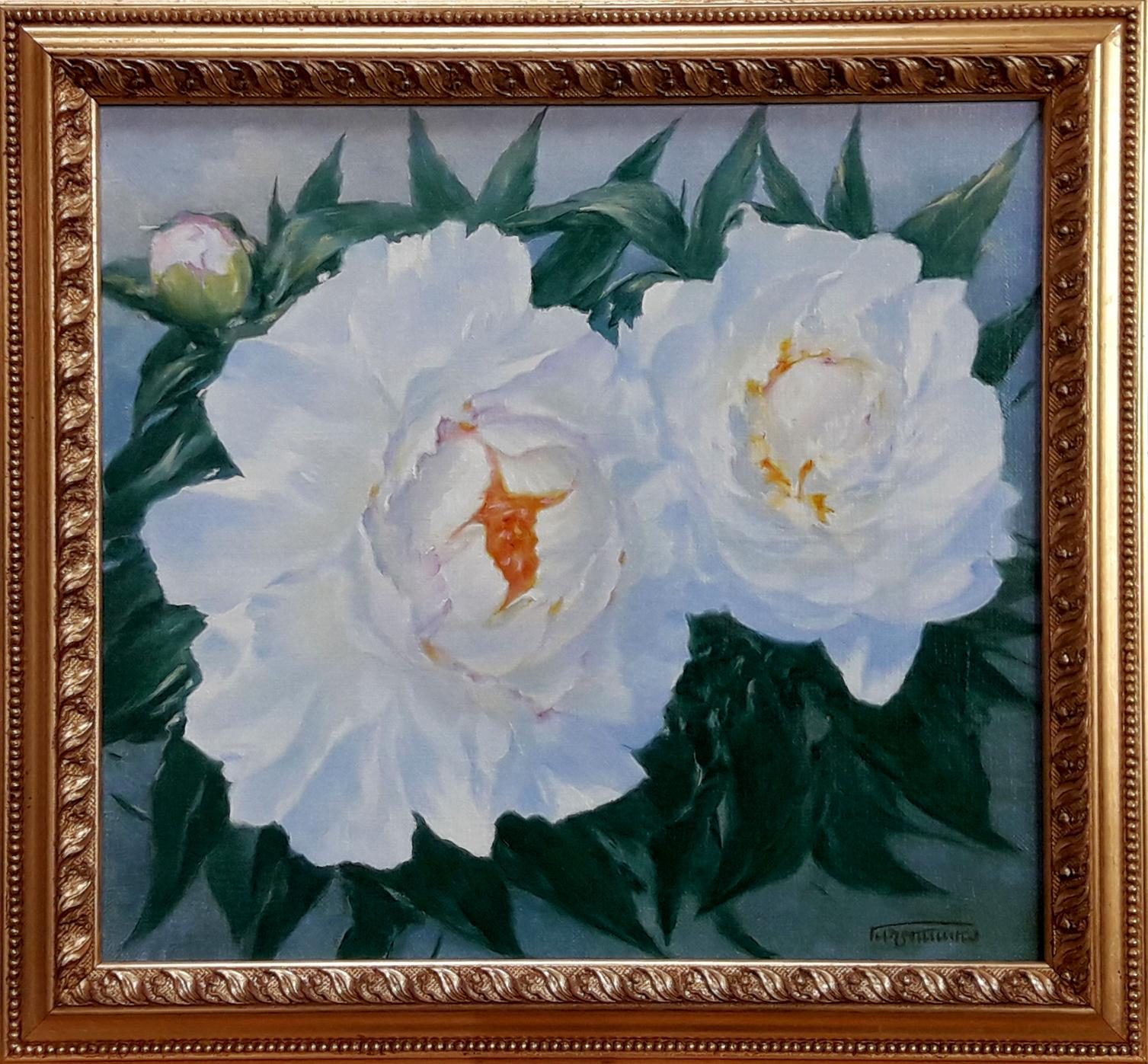 Oil painting White peonies by Vasily Korkishko with lush leaves