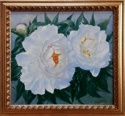 Oil painting White peonies by Vasily Korkishko with lush leaves