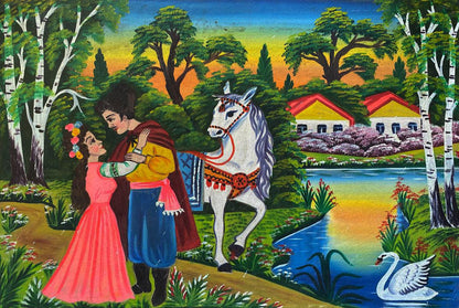 Oil painting Romantic walk by the lake: white horse with red gold bridle by lake
