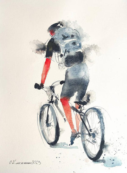 Watercolor painting Cyclist on the Road Olena Klimenko